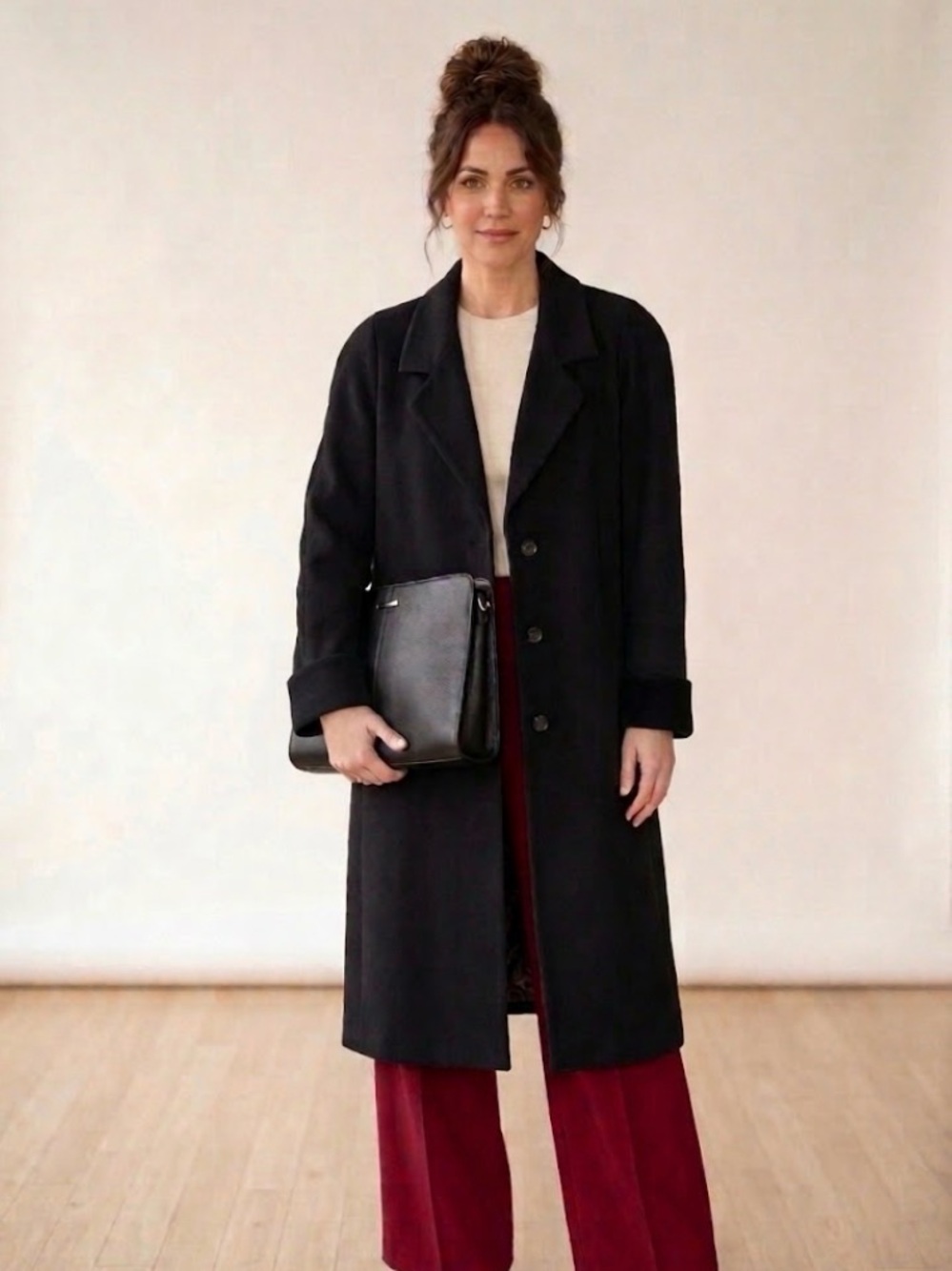 Women’s Vintage 100% Wool Front Button Rolled Cuff Long Winter Coat - Black XL